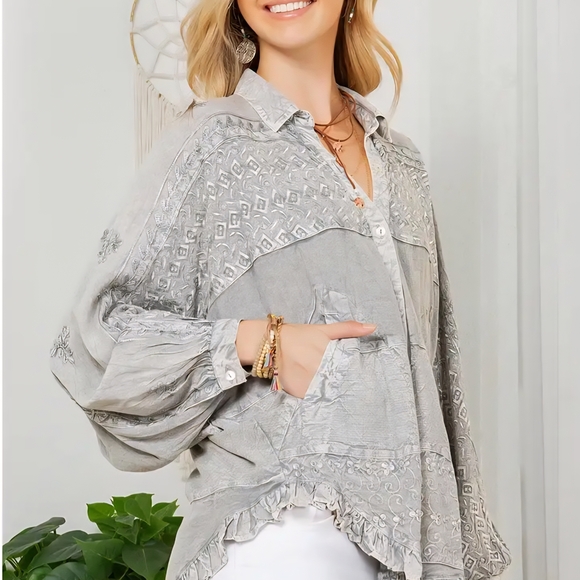 #102 NWT Young Threads Grey Bohemian Stonewashed  Bat Sleeves Top Woman Size M - Picture 6 of 13